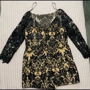 Mac Duggal New Black/Nude Sequin and Lace Romper with Overskirt